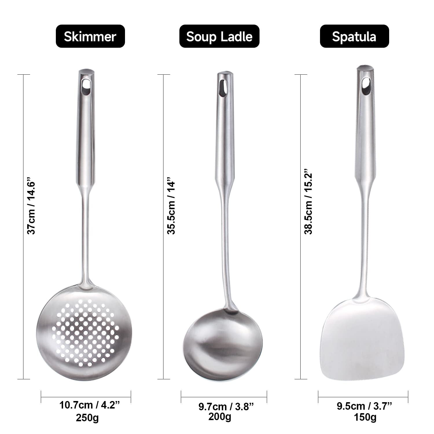 Espátula de wok de acero inoxidable, utensilios de wok para acero al carbono, juego profesional, 3 piezas de acero inoxidable 304, todos los de metal