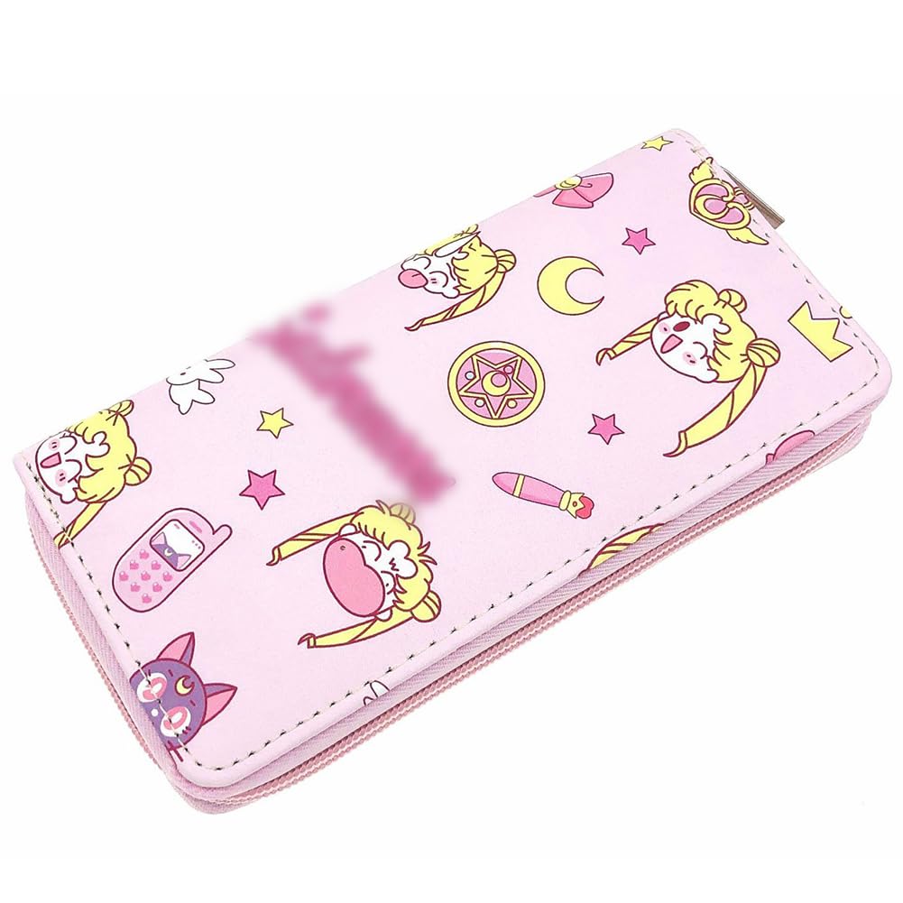 FISAPBXCSailor Moon Wallet, Sailor Moon Kawaii Pink Wallet Pouch, Moon Bag for Girls Women, Anime Wallet Zipper Long Clutch Bag Credit Card Holder Purse with Coin Pocket