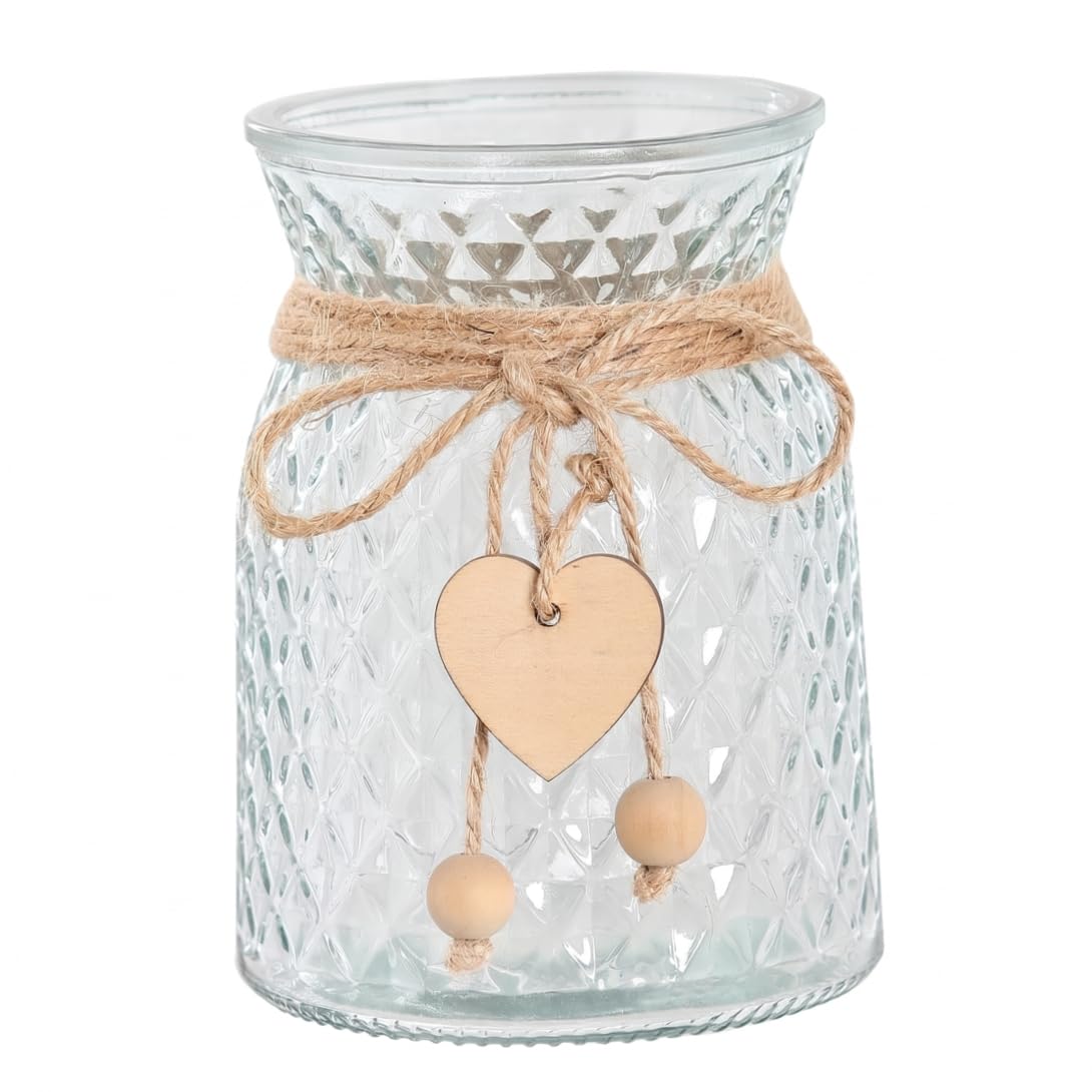 Small Flower Vase Clear Glass Vase With Rope Heart Bead Decor & Irregular Texture For Centerpieces, Transparent