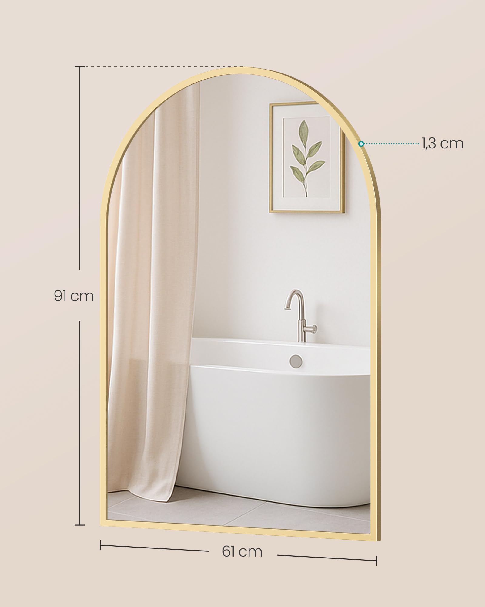 SONGMICS Specchio Bagno, Specchio da Parete, ad Arco, Cornice in Alluminio, 91 x 61 cm, Pellicola di Sicurezza, Facile da Montare, Soggiorno Camera da Letto, Oro Pallido LWM011AB01