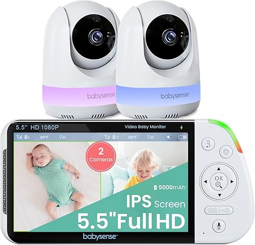Babysense Monitor de bebé de pantalla dividida Full HD de 55 pulgadas 1080p monitor de bebé de video con cámara y audio dos cámaras PTZ luz nocturna