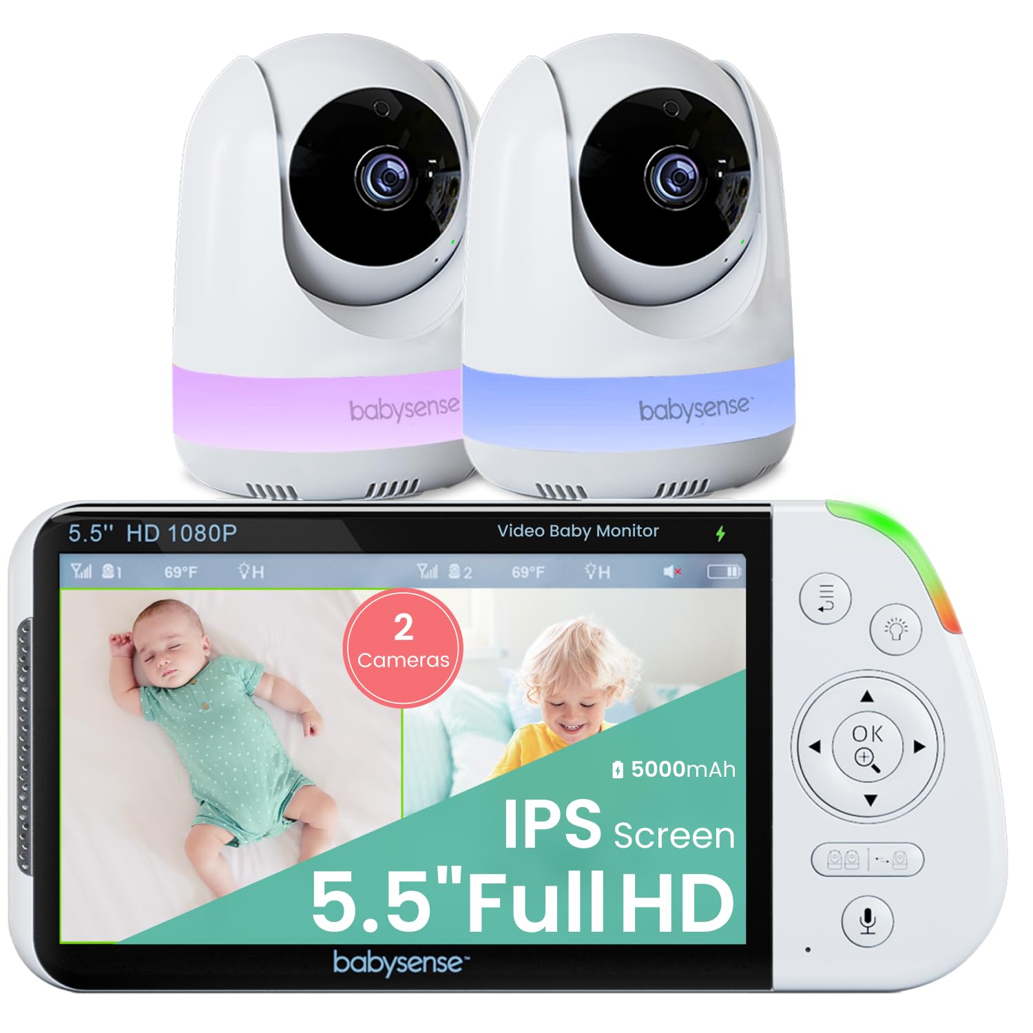 Babysense 5.5” 1080p Full HD Split-Screen Baby Monitor, Video Baby Monitor with 2 Cameras and Audio, 6-Color RGB Night Light, 1000ft Range, Two-Way Audio, 4X Zoom, 5000mAh BatteryBabysense 5.5” 1080p Full HD Split-Screen Baby Mon…
