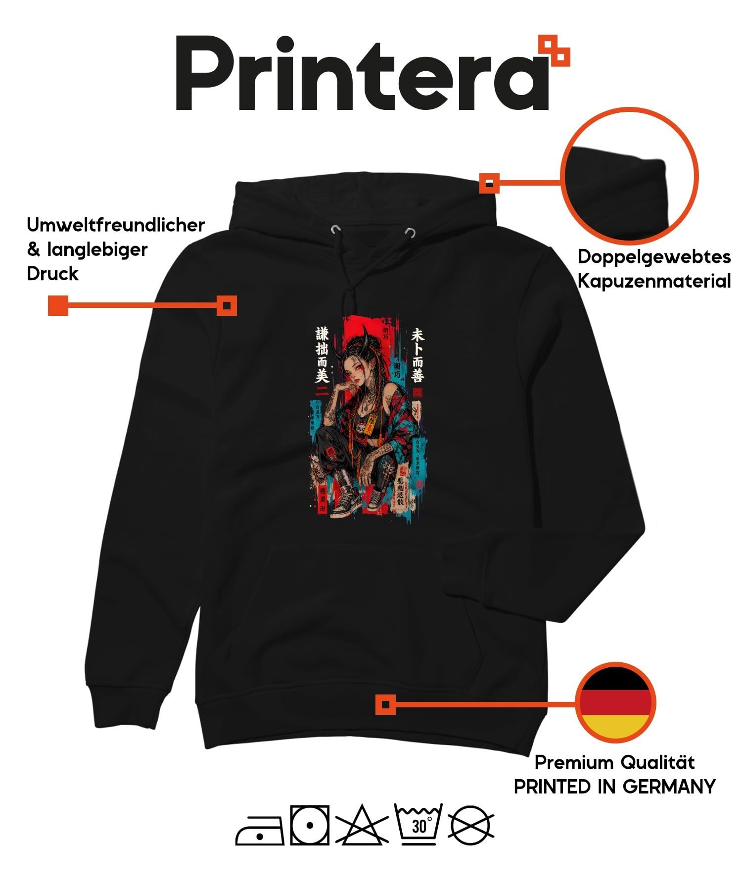 Oni Anime Dziewczęca Japonia Y2K bluza z kapturem | Kanji Demon Kaligrafia Tatuaż Sneaker Kimono Otaku Harajuku Cosplay Sztuka Prezent Styl uliczny