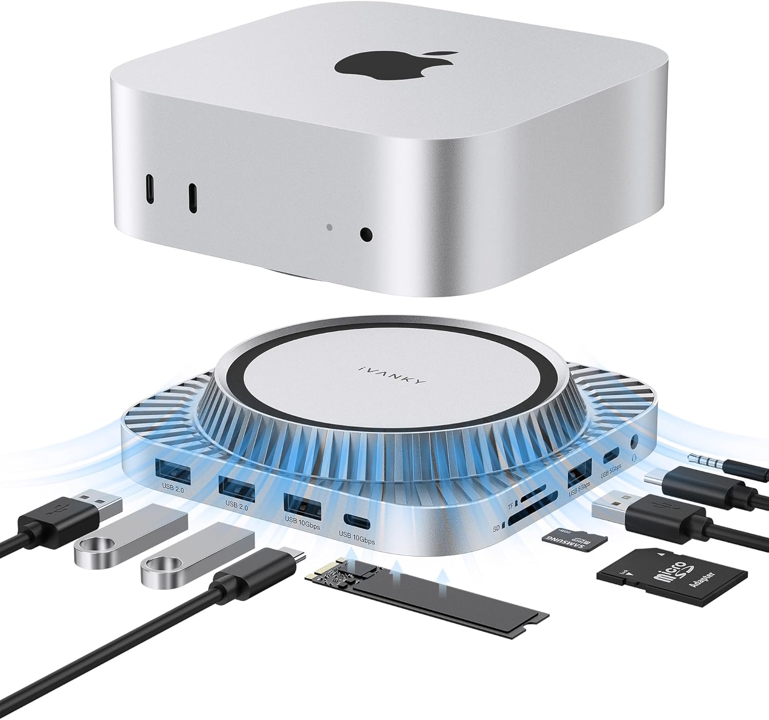 IVANKY 13-en-1 Estación de Acoplamiento para Mac Mini M4 & M4 Pro (2024) | Soporte con Carcasa SSD M.2 NVMe, Hub HDMI 4K@120Hz, 2×10 Gbps USB A/C, SD/TF, 2 Puertos Audio (Sliver, Velocidad elevada)