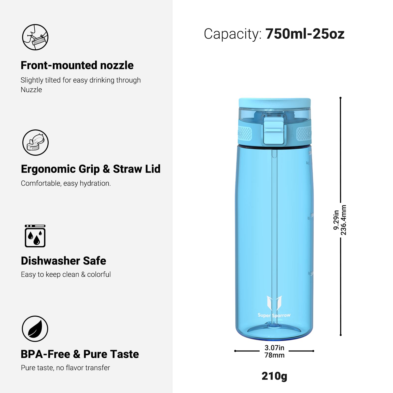 Super Sparrow Borraccia - TouchSip Sportiva Bottiglia - 500ml/750ml/1L - Tritan Senza BPA, a Prova di Perdite - Borracce con Cannuccia Ideale per Scuola e Sport