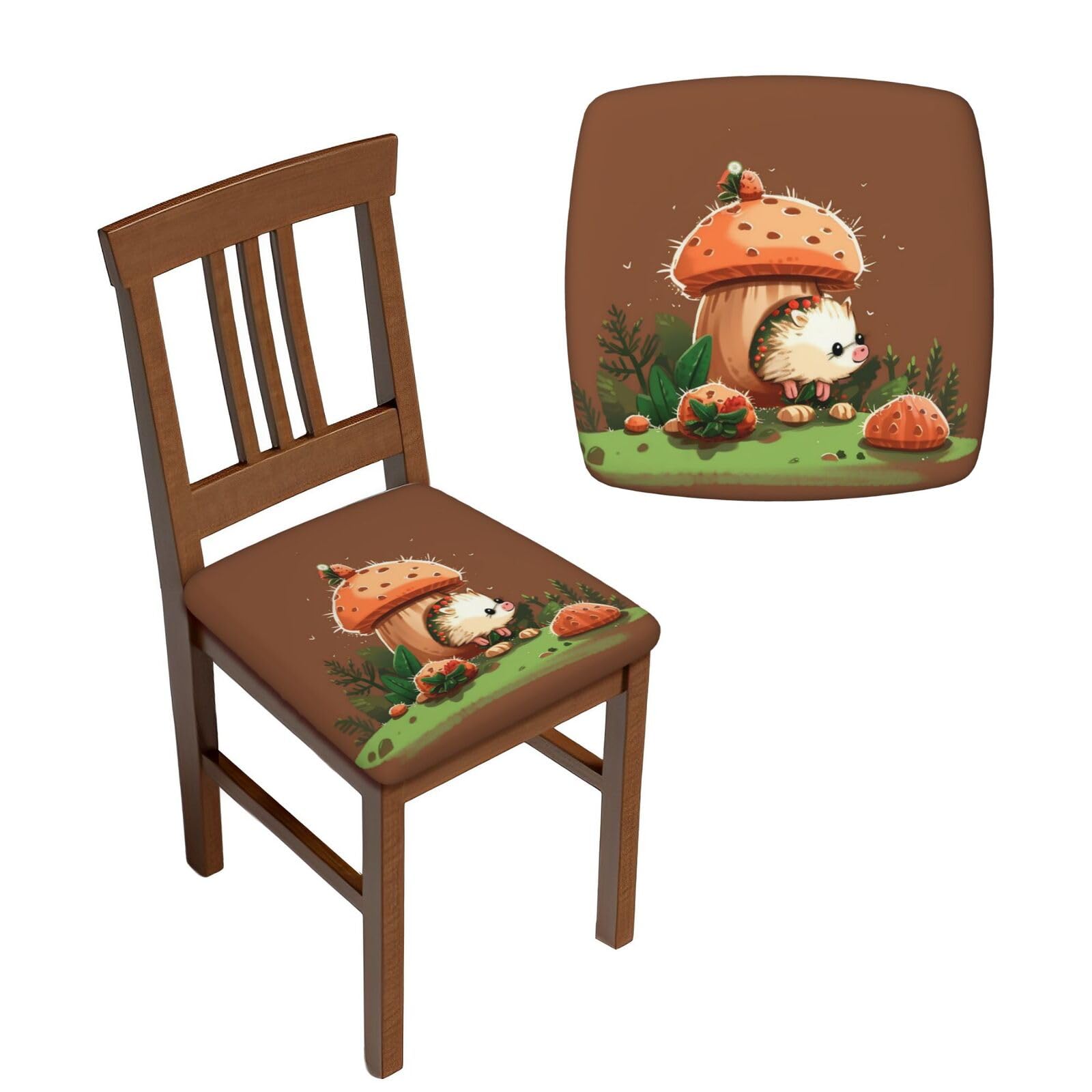 NONHAI 6PCS Dining Chair Seat Covers Set Hedgehog and Mushroom Stretch Removable Chairs Covers Washable Seat Cushion Slipcovers Protector for Dining Room Kitchen Chairs