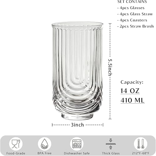 Miniatura 2 de INSETLAN Juego de 4 vasos de cristal vintage Art Deco para cristalería de moda vasos de cóctel clásicos de 15 onzas para beber mojito whisky alto