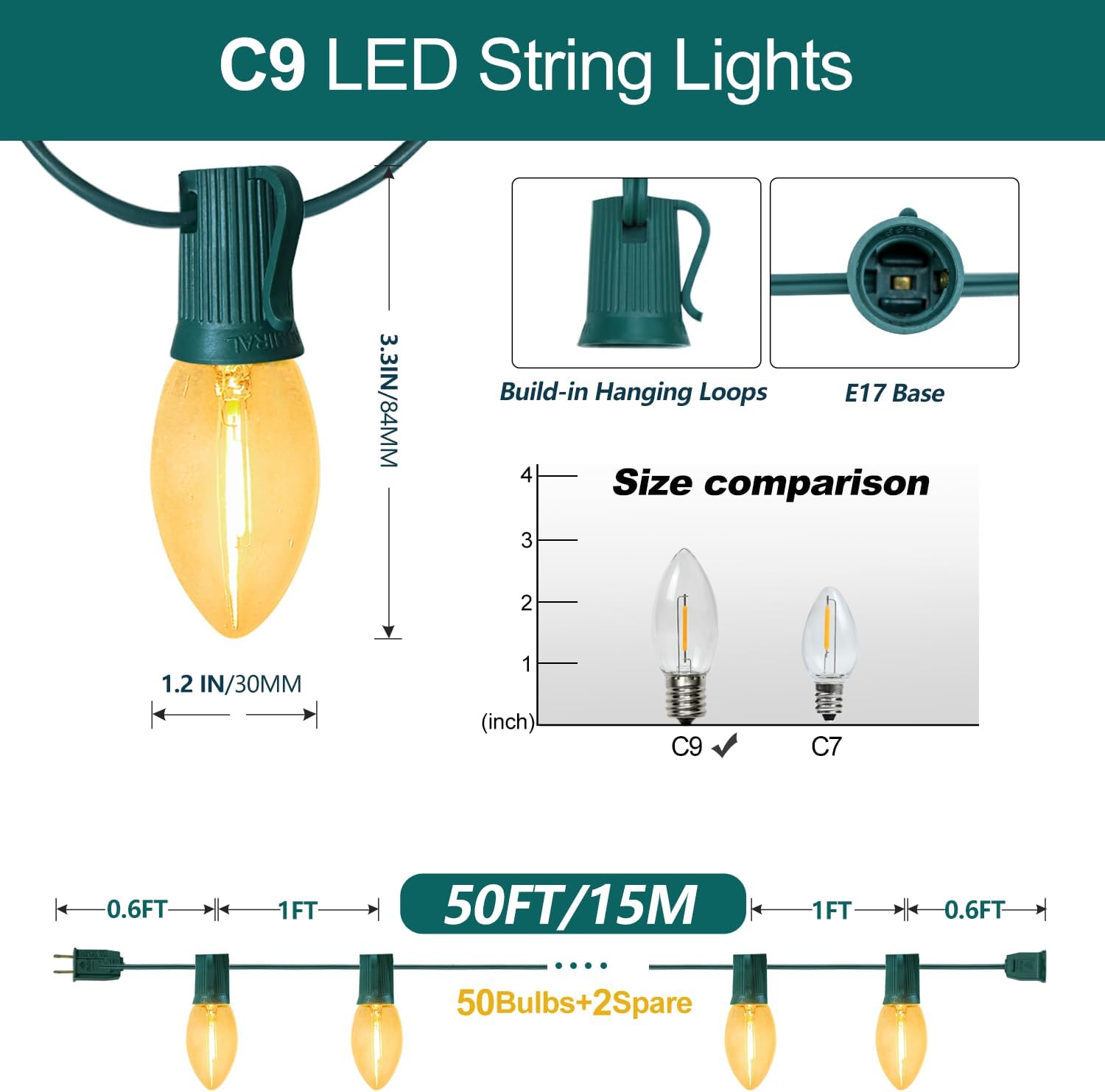 C9 Christmas Lights Outdoor, 50FT Waterproof Warm White 2700K LED String Lights for Roofline Xmas Tree Patio Holiday Party Decor - UL Listed, Commercial Grade, Green Wire (50Bulbs+2 Spare)