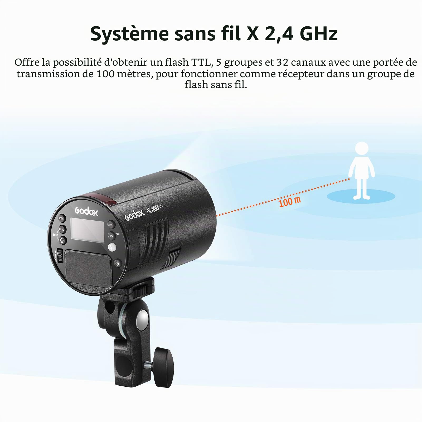 GODOX AD100Pro Lampe Flash de Studio de Poche pour Portrait Ecran OLED 5800K 1/8000s Sync TTL/Multi/M Flash intégré 2.4G Wireless X System 5 Groupes 32 canaux avec Batterie Rechargeable 2600mAh