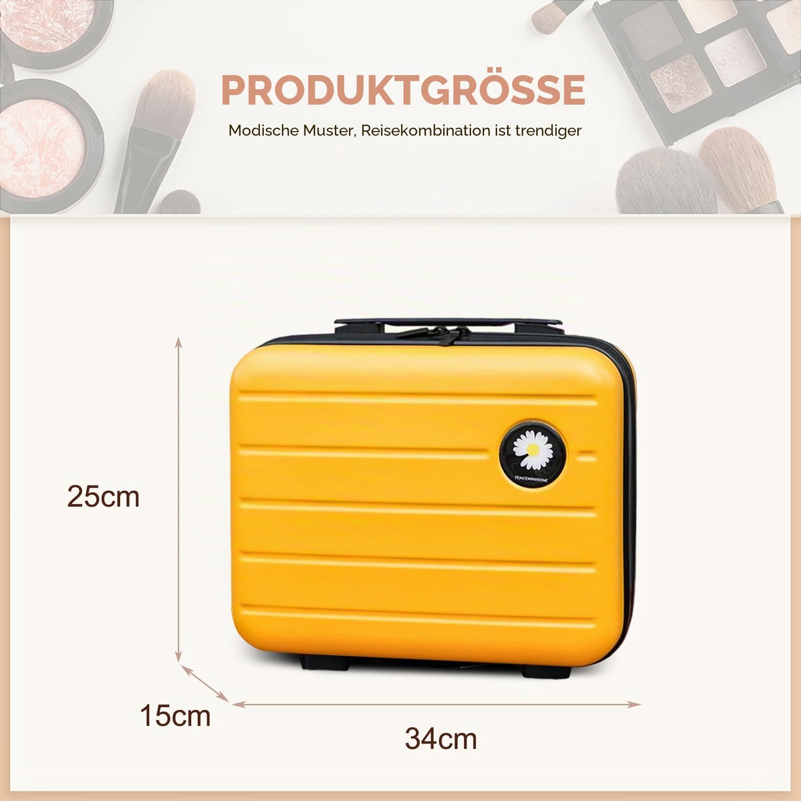 Balakaka Kosmetikkoffer 34x15x25 cm Kleine Daisy, Beautycase Damen Hartschale mit Handgriff und Reißverschluss, ABS Wasserdicht Große Kapazität Schminktasche für Reisen, Gelb
