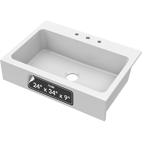 Nuie White Kitchen Sink 34 inch Plain Single Bowl Drop In Farmhouse Sink with 3 Tap Holes, Fireclay Ceramic Finish Kitchen Sinks, Drop-In Farmhouse Sinks for Kitchens - 34x24x9" (White)