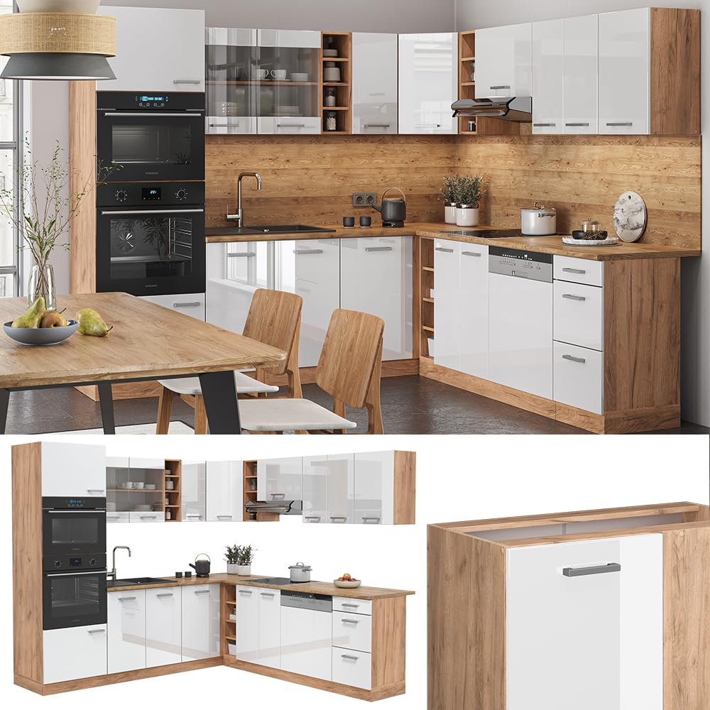 Vicco Cocina esquinera R-Line, Blanco Brillo Intenso/Roble Dorado, 247 x 46 cm sin encimera, para Montaje Individual y ampliación con módulos adicionales