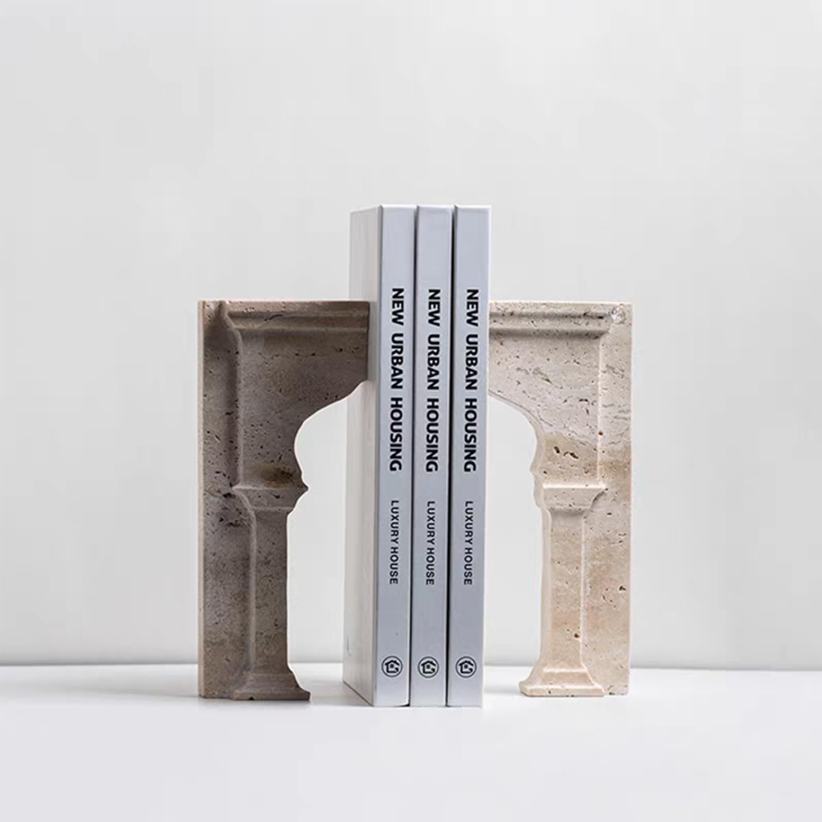 Set di 2 fermalibri in travertino moderno, design Arco di Trionfo, porta libri in pietra naturale per scrivania e mensola (2 pezzi, 1 set, Arco di Trionfo)