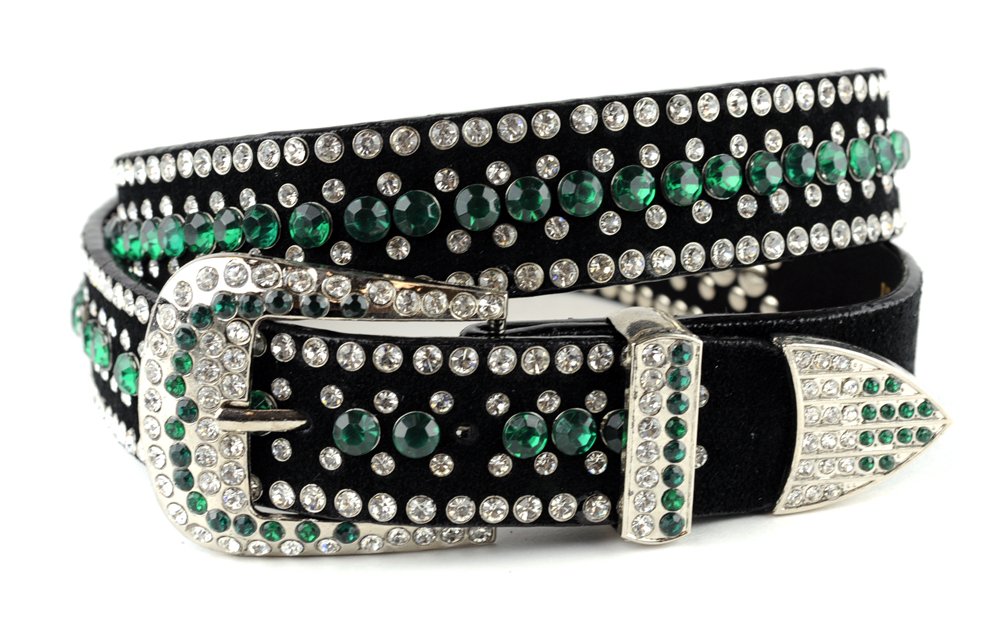 NYFASHION101 Women's Two Tone Faux Suede Rhinestone Belt with Rhinestone Buckle DM1006-GRN/BLK-M