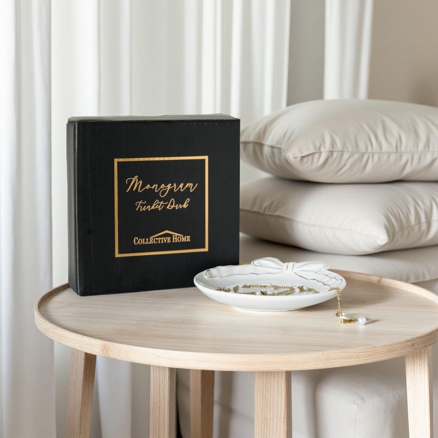 COLLECTIVE HOME - Personalized Initial Ceramic Jewelry Tray with Bow, Christmas Gift Ideas for Women, Small Gift for Girlfriend Wife, Ring Holder, Earrings Dish, Birthday Gift for Her (A) - Image 7