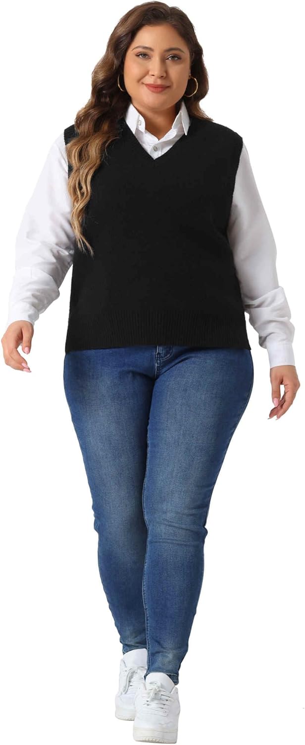 Agnes Orinda Plus Size Sweater Vest for Women V Neck Knit Vests Solid Classic Sleeveless Pullover Sweaters Tops - Image 4
