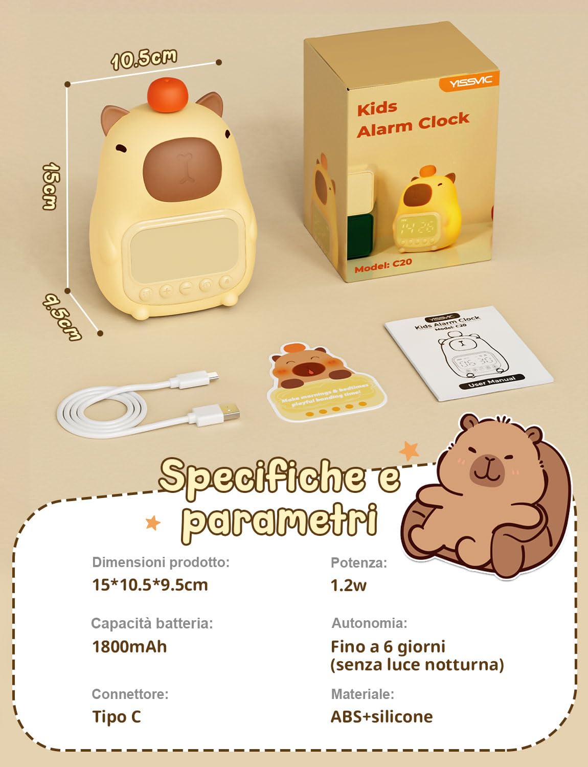 YISSVIC Sveglia per Bambini con 2 Sveglie, Regolazione Volume, Funzione Snooze, 5 Suonerie, Luci Notturne Sveglia Ricaricabile 1800 mAh