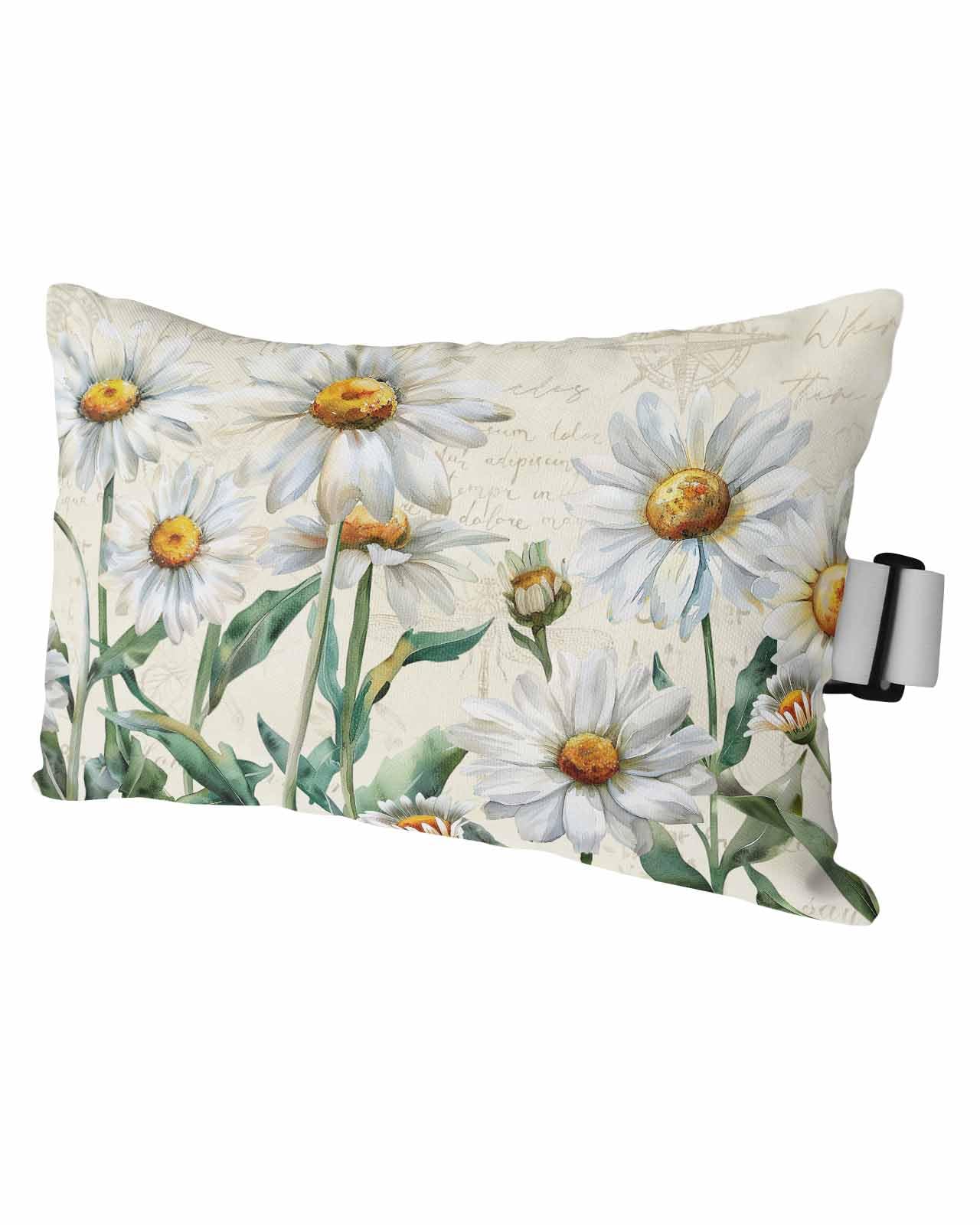 Beige Daisy Floral Outdoor Waterproof Pillows for Recliner Chaise Lounge Chair, Retro Elegant Botanical Flower Farmhouse Lumbar Pillows with Inserts & Elastic Band for Patio Beach 1 Pack-11x16 In