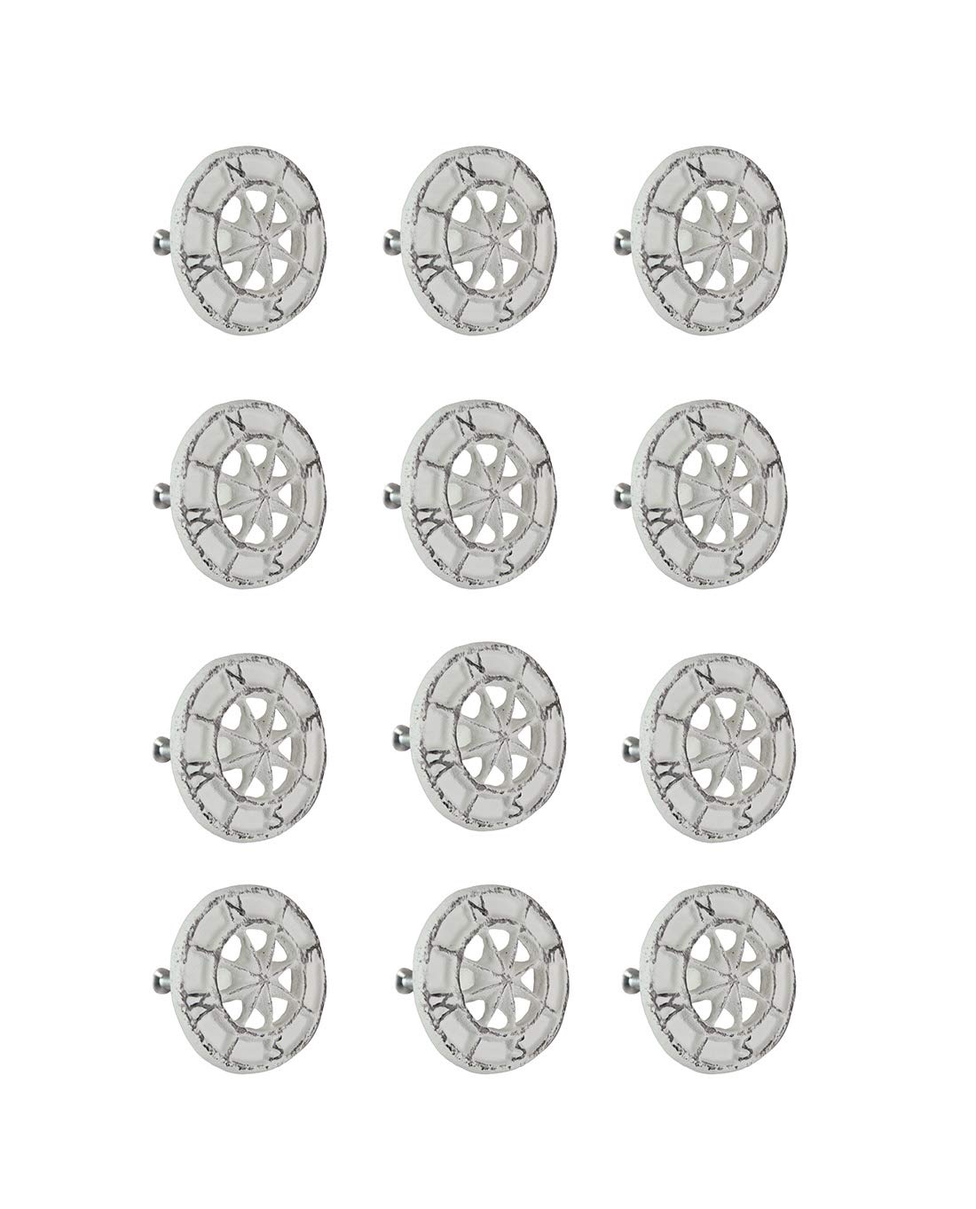 Set of 12 Antique White Cast Iron Nautical Compass Rose Cabinet Pulls or Drawer Knobs - 2 Inches in Diameter - Add a Maritime Touch to Your Room Decor