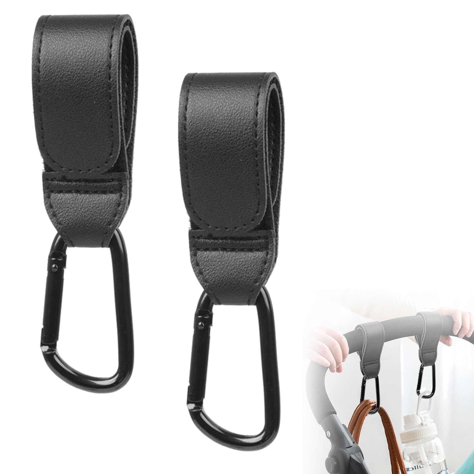 Ganci per Passeggino,Ganci Passeggino Universali,Ganci per Passeggino Porta Borse,Gancio per passeggino in Pelle,Gancio per Passeggino Portatile,Ganci Borsa Passeggino 2 Pezzi Nero Tokaneit