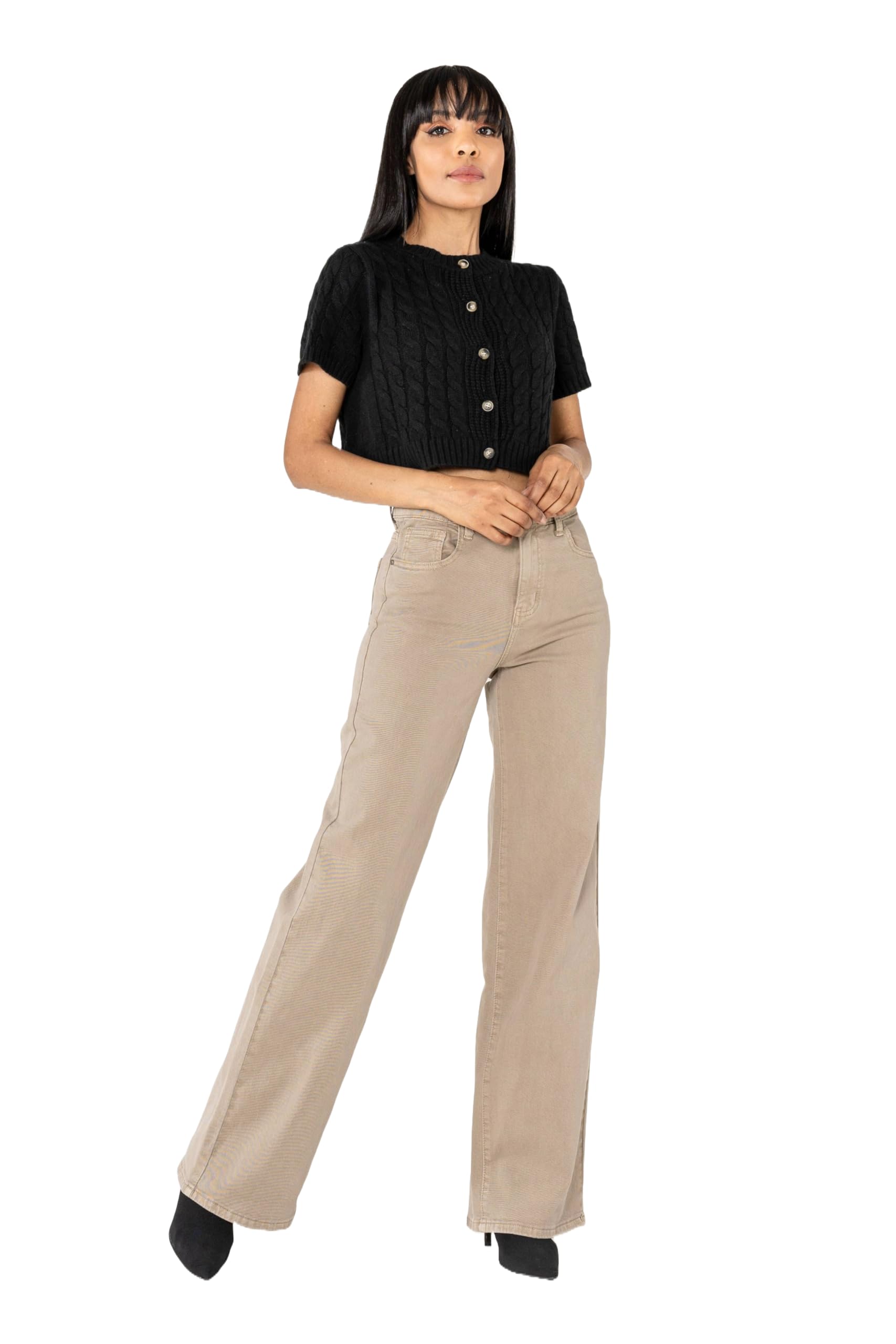 Nina Carter J251 damskie spodnie jeansowe z wysokim stanem szerokie nogawki rozciągliwe Used Look