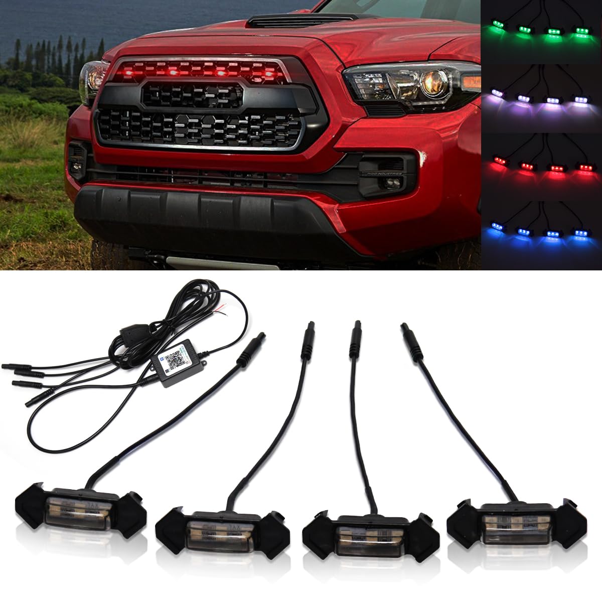 AFOGGEST LED Grille Lights for Tacoma TRD Pro 2016 2017 2018 2019 2020 2021 2022, 4Pcs APP Control Multicolor RGB Grill Light with Harness