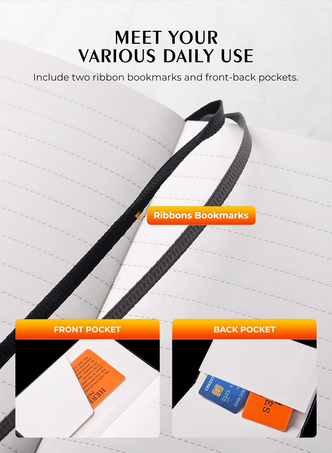 2 Pack Pocket Notebook Small Notebook 3.5"x 5.5", Hardcover Notebook Thick Lined Paper with Inner Pockets, Pen Holder, Marker Ribbons, Cover Letter Embossing Design Mini Journal Notepad Black Leather : Office Products