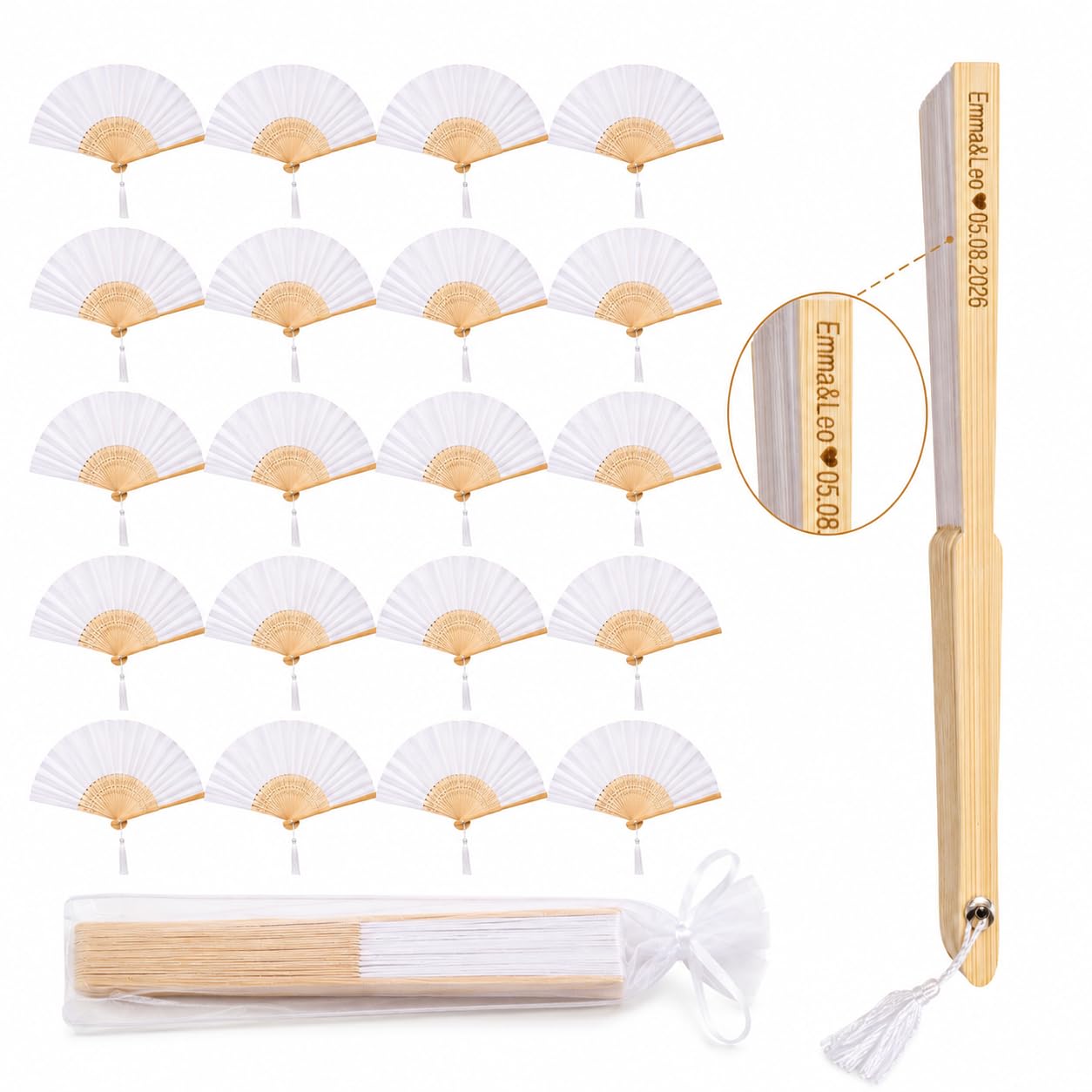 30 Pcs Personalised Wedding Silk Hand Fan with Custom Engraved Bamboo Handle, White Folding Fan for Bride, Bridesmaids & Wedding Guests, Wedding Favour, Bridal Party Gift, Available in Packs Bulk (30)