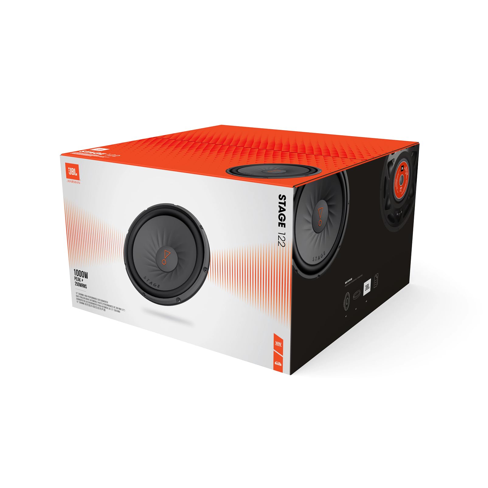 JBL Stage 122 12'' (30cm) Subwoofer, Noir | 250 W RMS / 1000 W crête, 91 dB, 4 Ohm, 34-200 Hz, cône polypropylène, suspension caoutchouc, bobine 50,8 mm, noir.