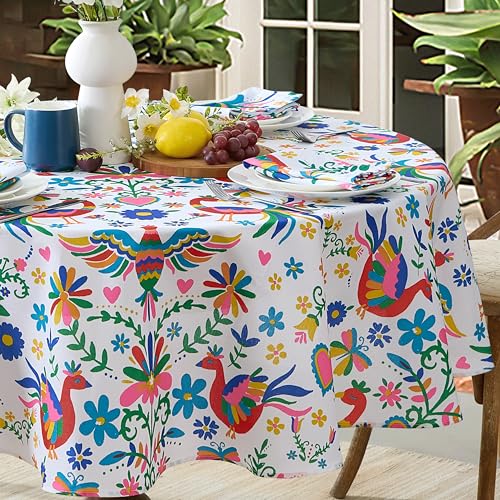 Newbridge Otomi Birds Folk Art Fabric Tablecloth, 70 Inch Round, Colorful Otomi Folk Art Water and Stain Resistant, No-Iron Fabric Tablecloth for Summer Parties and Barbecues