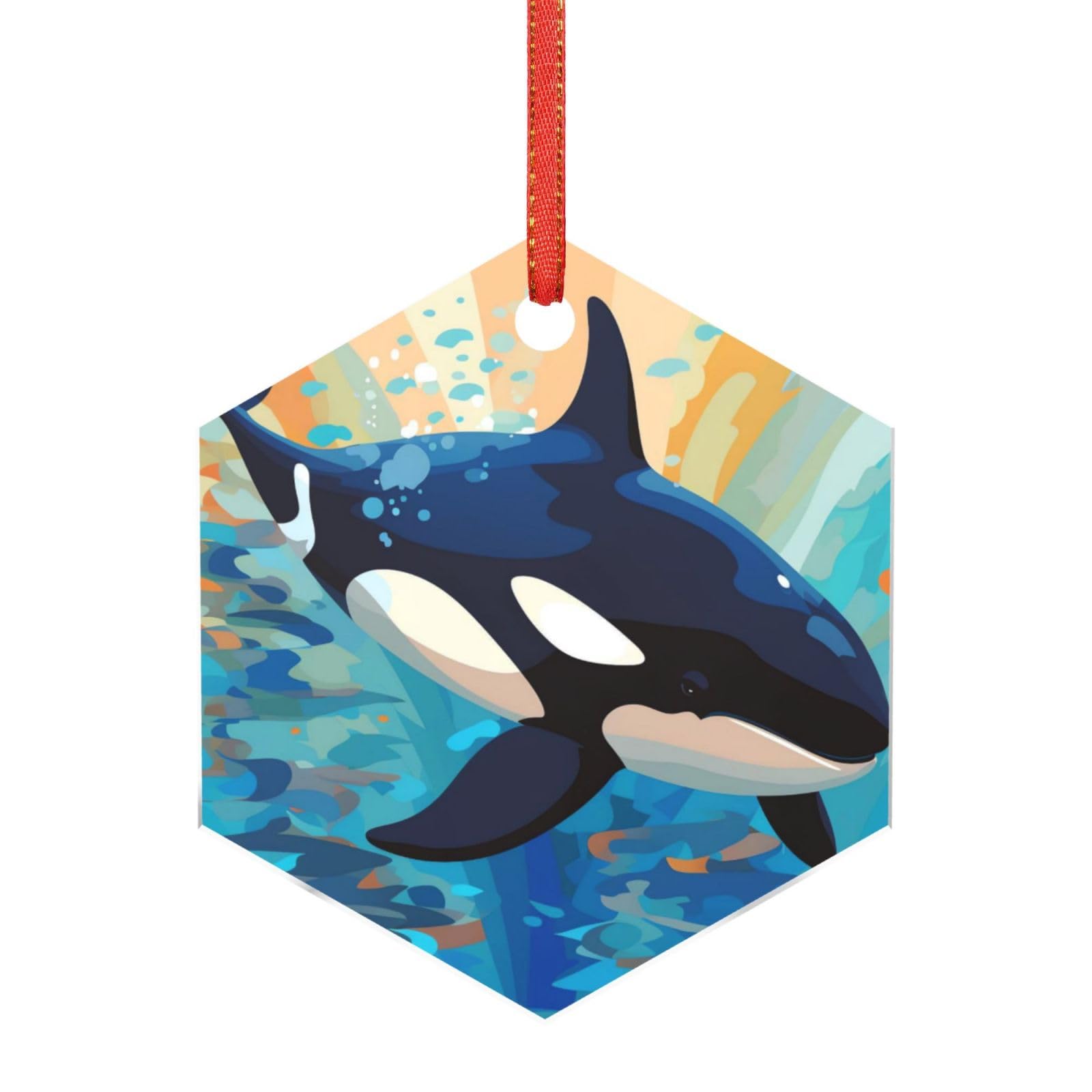 Acrylic Ornament Christmas Tree Decoration Clear Round Pendant with Red Ribbon Hand Drawn Whale Christmas Ornaments Indoor Outdoor Hanging Acrylic Pendants for Xmas Party Decor