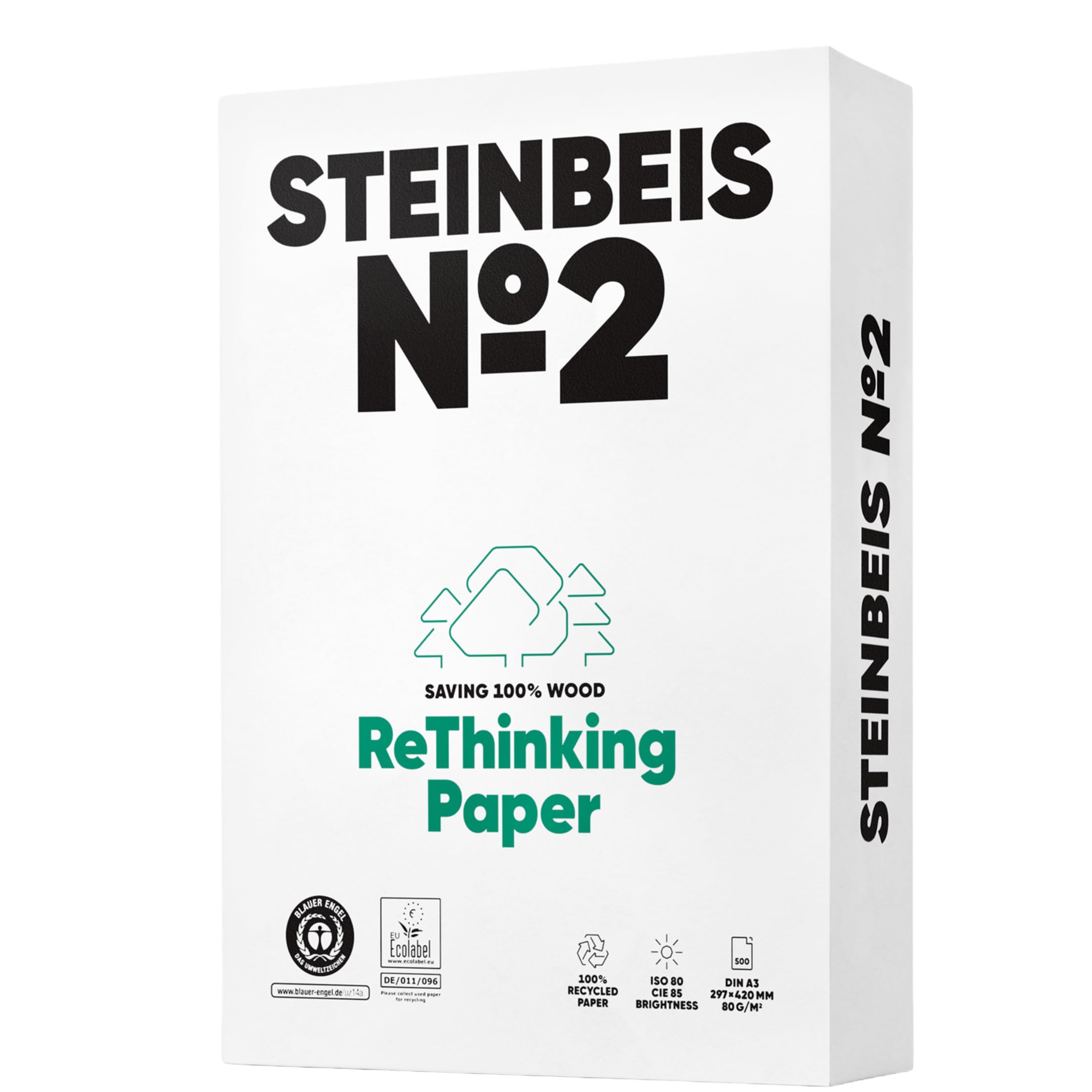 Steinbeis No. 2 Druckerpapier – 2500 (5 x 500) Blatt DIN A3 Recycling-Papier 80 g/m², Weiß & Chlorfrei, hochwertiges Kopierpapier ISO 80 / CIE 85