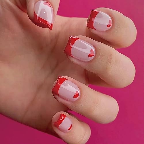 Uñas cortas de punta francesa a presión, cubierta completa, para el día de San Valentín, uñas acrílicas de corazón rojo, uñas artificiales cuadradas disponible en Yaxa Colombia