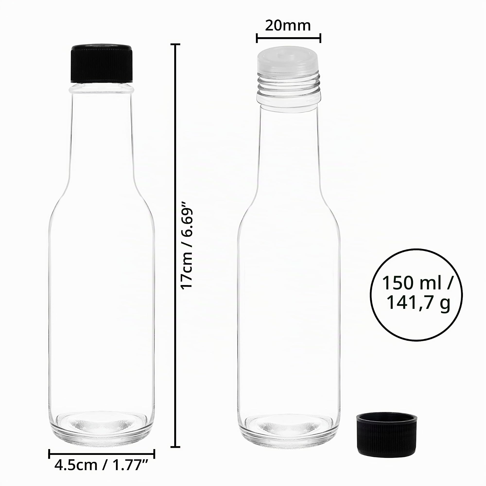 Belle Vous Mini Botellas Licor Transparente para Salsa Picante (Pack de 12) 150 ml - Botellas de Vidrio para Licores con Tapa de Rosca y Pico Servidor para Aceite, Licor, Vinagre, Aderezo y Más