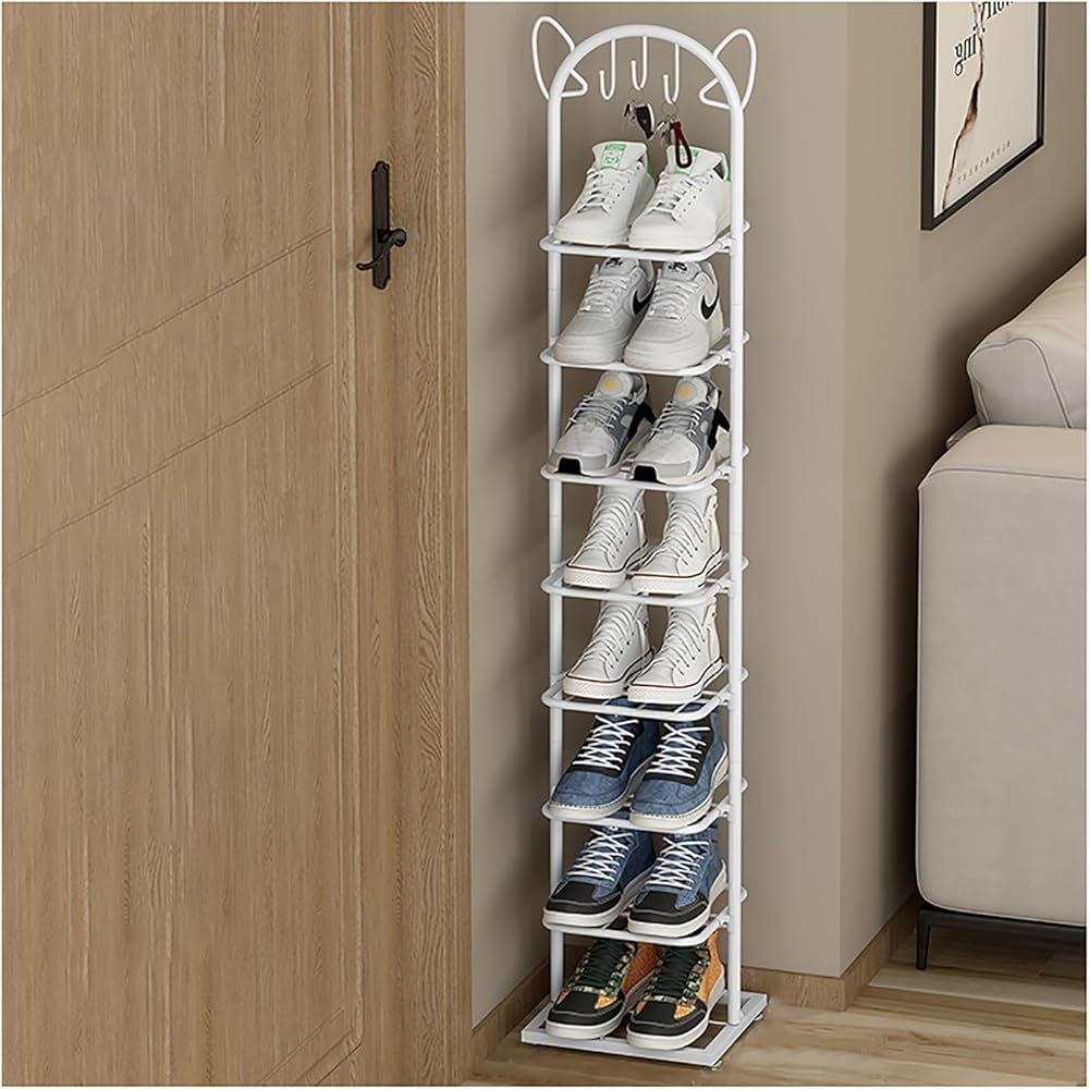 MEOYCHB Narrow Shoe Rack,Cat Ear Shape Slim Shoe Rack Metal Vertical Shoe Organizer Tall Shoe Shelf Free Standing Shoe Stand For Hallway Outdoor(Size:8 layers,Color:white)