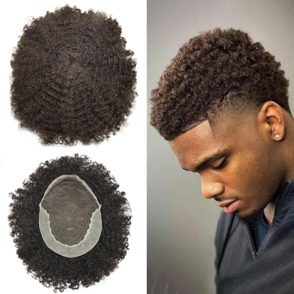 LYRICAL HAIR Hair Units for Black Men,Afro Kinky Curly Mens Toupee Afro Coily Toupee Human Hair Piece Lace Front African American Men Hair Replacement