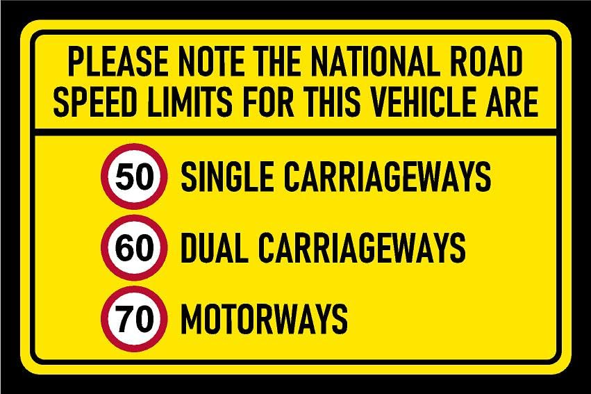 Please note the national road speed limits for this vehicle are 50mph, 60mph, 70mph Van Limited safety sign - Self adhesive sticker (300mm x 200mm)