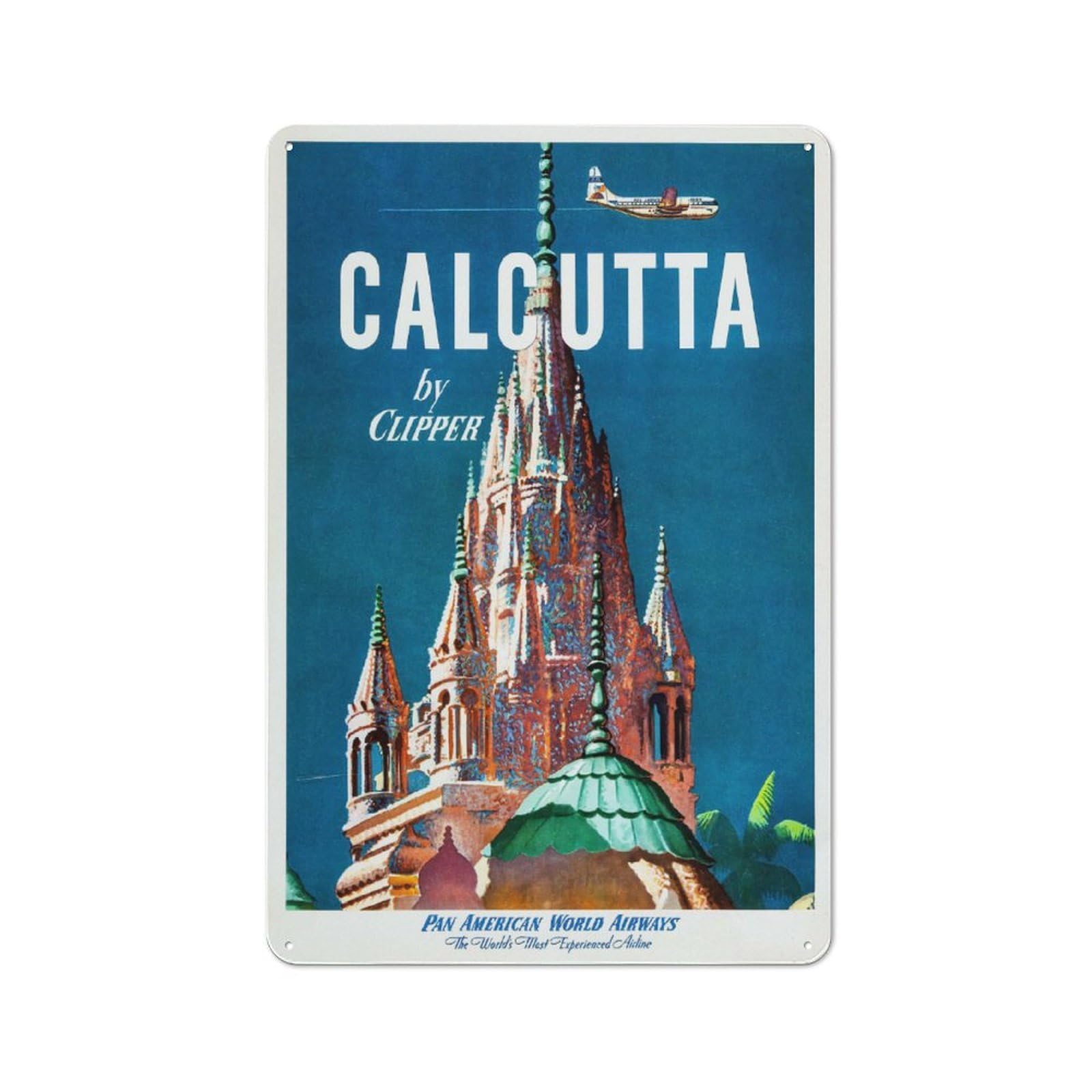 Junmoney Style Metal Wall Sign 30X20cm Featuring Calcutta By Clipper Travel For Pub Or Café, Housewarming Wall Decor For People Furnishing Pub And Café