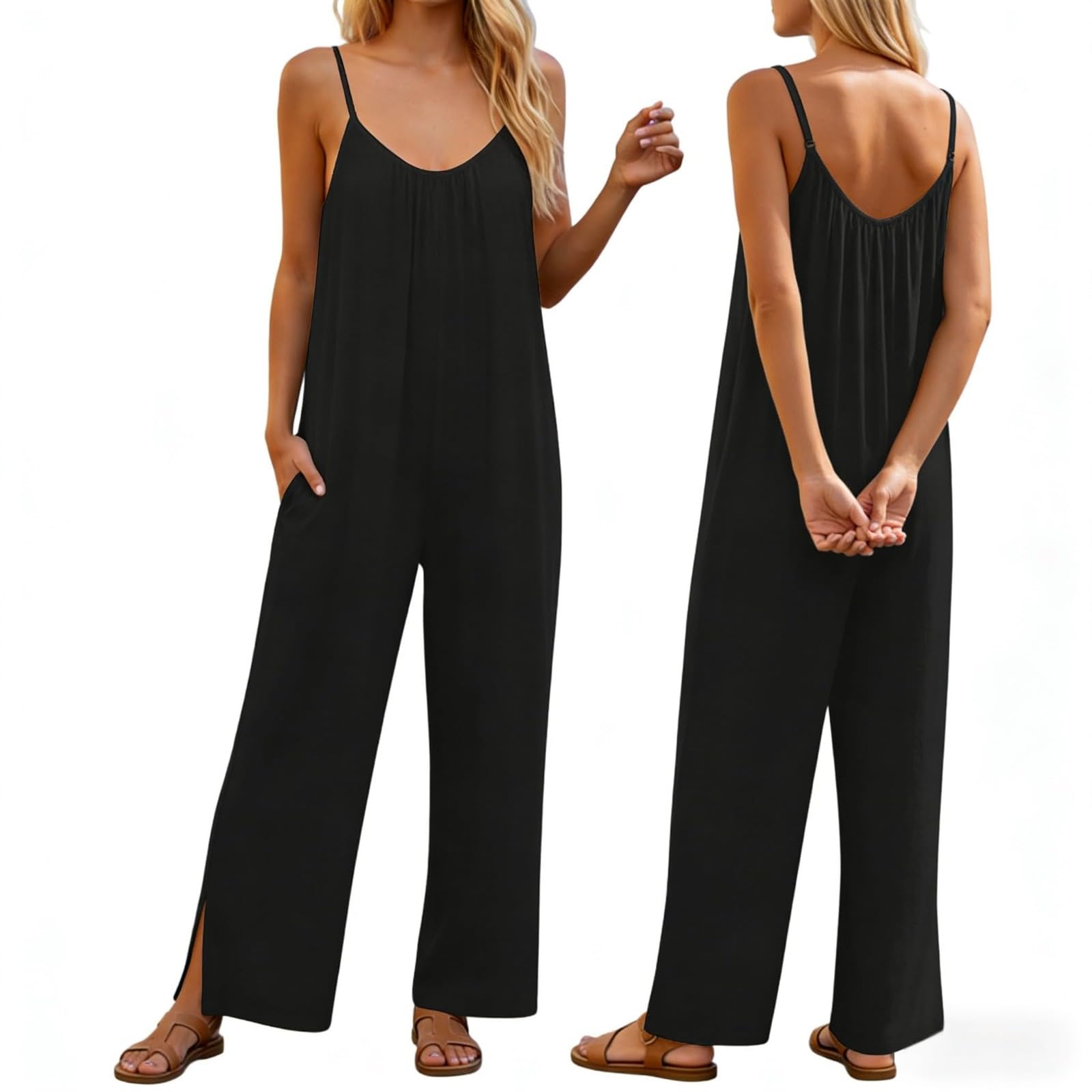 Salopette Pour Femme D'été Combinaison Longue Baggy Sans Manches Bretelles Fines Coupe Ample Pantalon Extensible Avec Grandes Poches Fluide De Travail Décontractée Jumpsuit Loose Top Playsuit