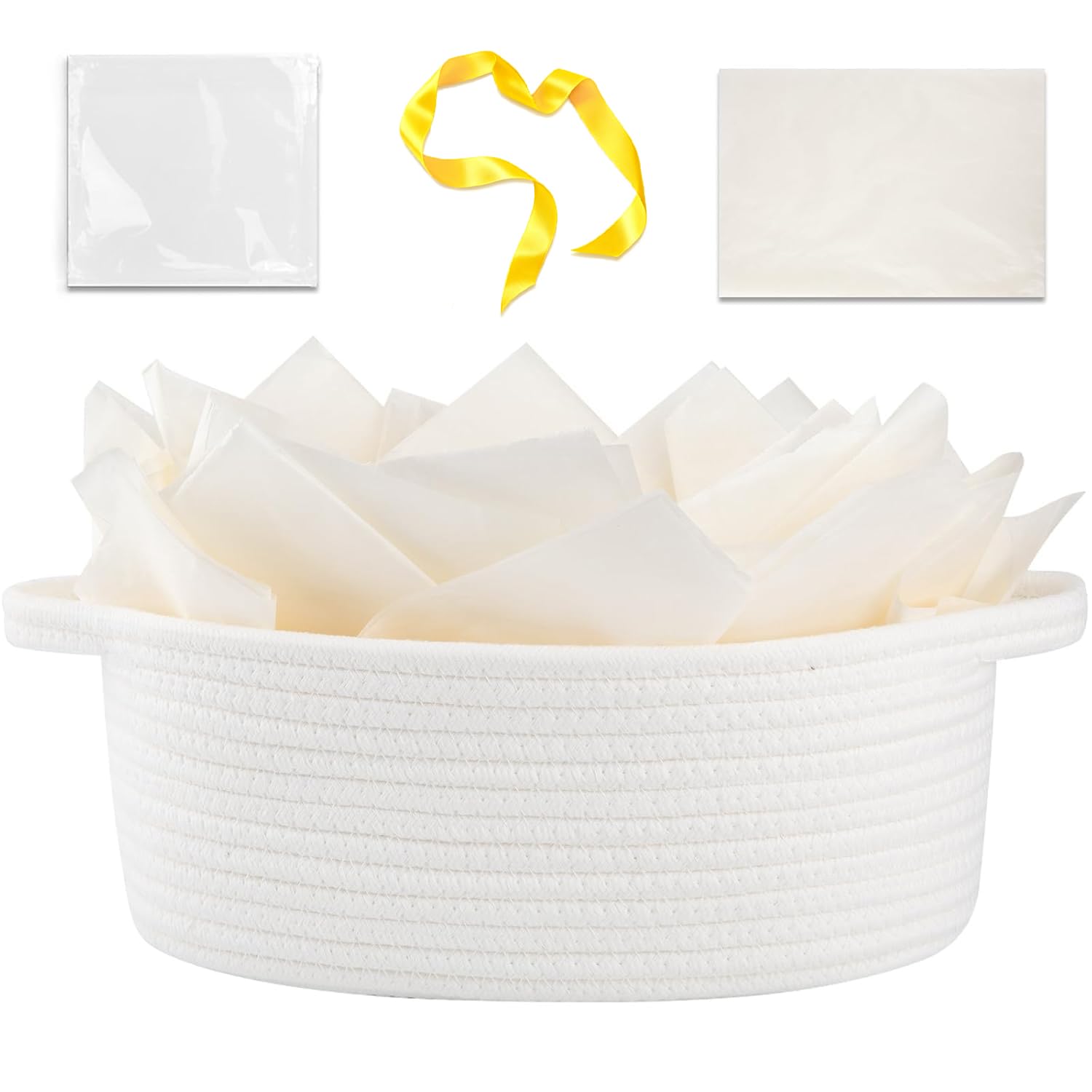 OIAHOMY Gift Basket with Handle, Small Woven Basket with Gift Bag, Ribbon and Wrap Tissue Paper, Nursery Bins Empty to Fill w