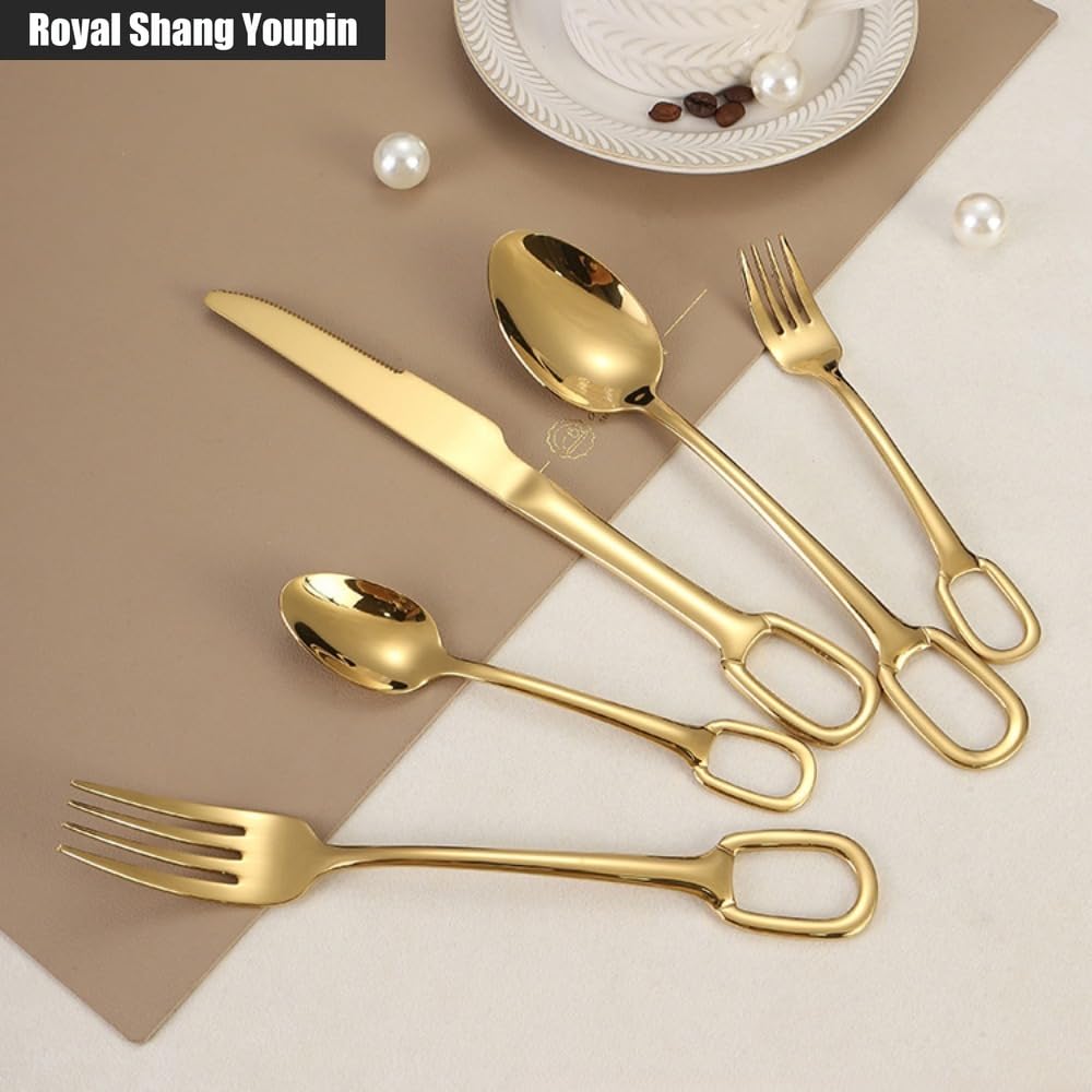 Cucina Circolare Foro Appeso Maniglia in Acciaio Inox Posate Da Tavola Posate Set Di Posate Coltello Da Bistecca Forchetta Cucchiaio Cucchiaino (Oro,20 pezzi)