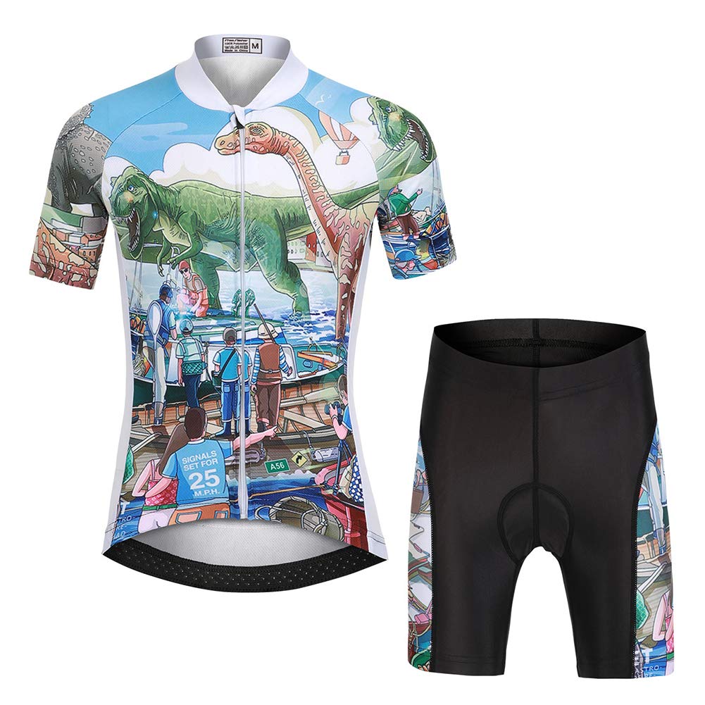 Kinder Jungen Radtrikot Set, Mädchen Radbekleidung Anzüge, Quick Dry Radsportanzug, Fahrradtrikot Kurzarm und 3D Sitzpolster Radhose, Dinosaurier-Paradies, 104/110(Herstellergröße: S)