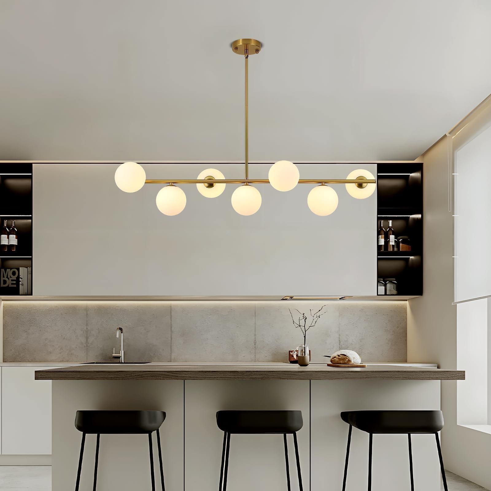 Moderne Pendelleuchte Wohnzimmer Gold,7 WeißE KugelföRmige Glas Lampenschirme Kronleuchter,HäNgeleuchte Zur Dekoration Des Schlafzimmer,Esszimmerlampe,G9 Fassung Esstischlampe,Hotel,KüChe