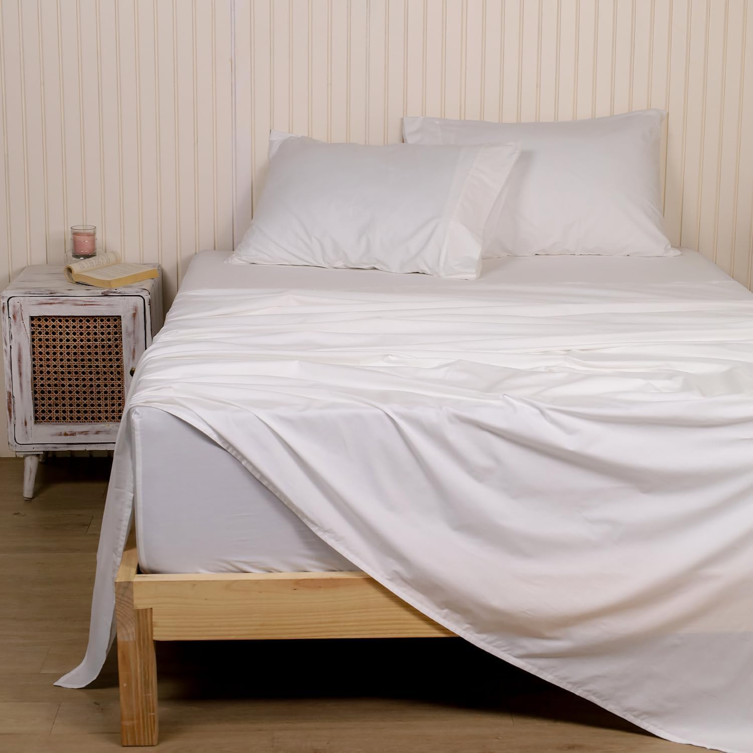 LINENWALAS100% Cotton Percale Sheet Set SuperKing Size, Soft Breathable Crisp and Cooling Premium Cotton 4 Piece Sheet Set- 1 Flat, 1 Fitted, and 2 Pillowcases (White, Super King)OEKO-TEX STANDARD 100