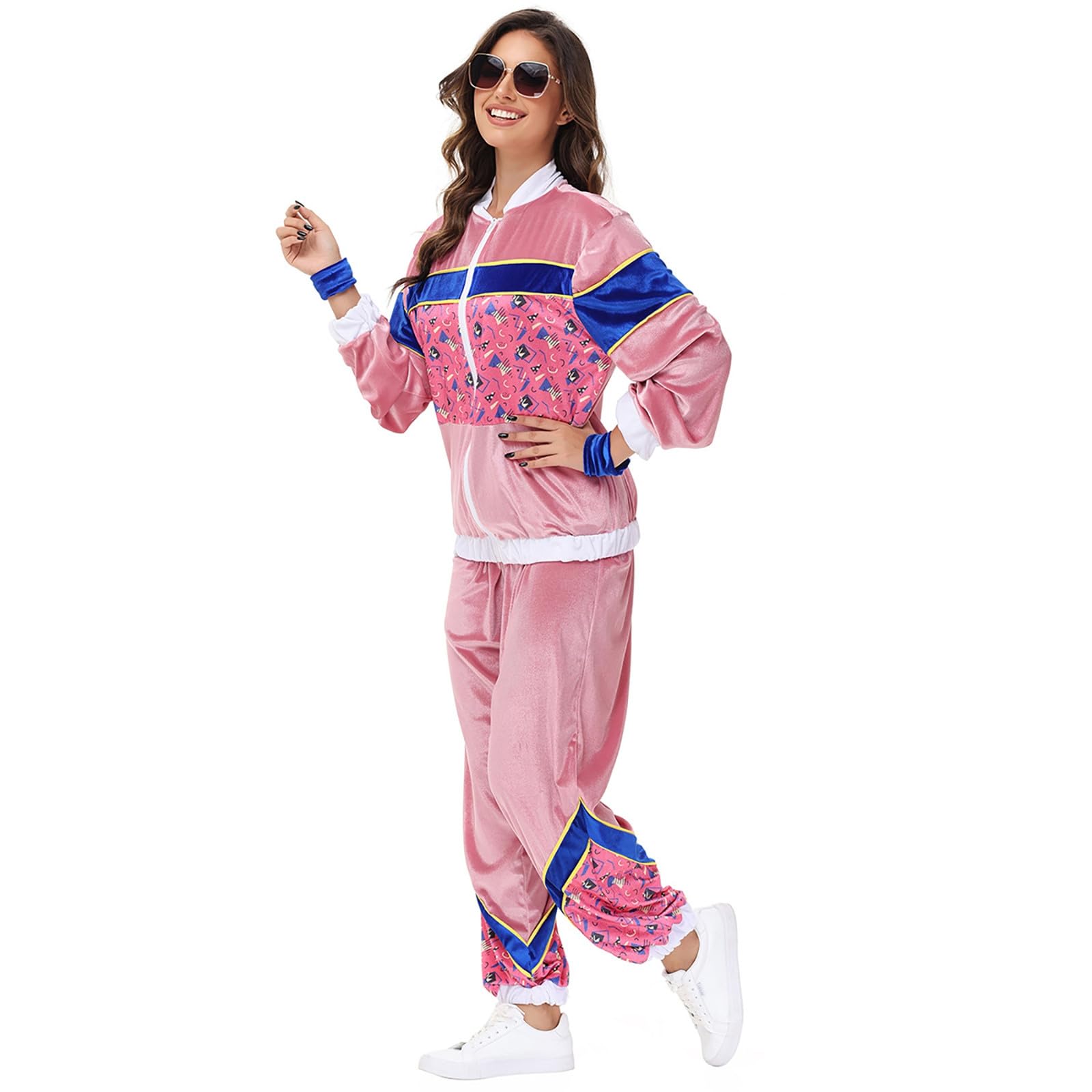 Generisch Faschingskostüme Damen Retro Disco Set 2Pcs, Jacke, Hose Karnevalskostüm Samt Bunt mit Reißverschluss Fasching Kostüm 70Er Party Outfit Lustig Tanzparty