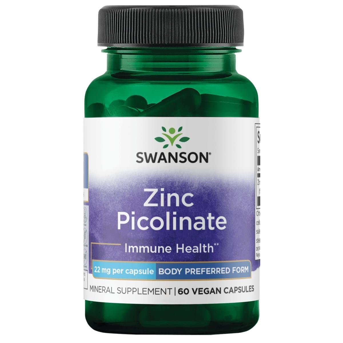 Swanson Ψευδάργυρος Picolinate Chelated Mineral Supplement for Adults Seeking Immune, Vision, and Prostate Support - Body-Preferred Form - 22 mg (60 Vegan Κάψουλες)