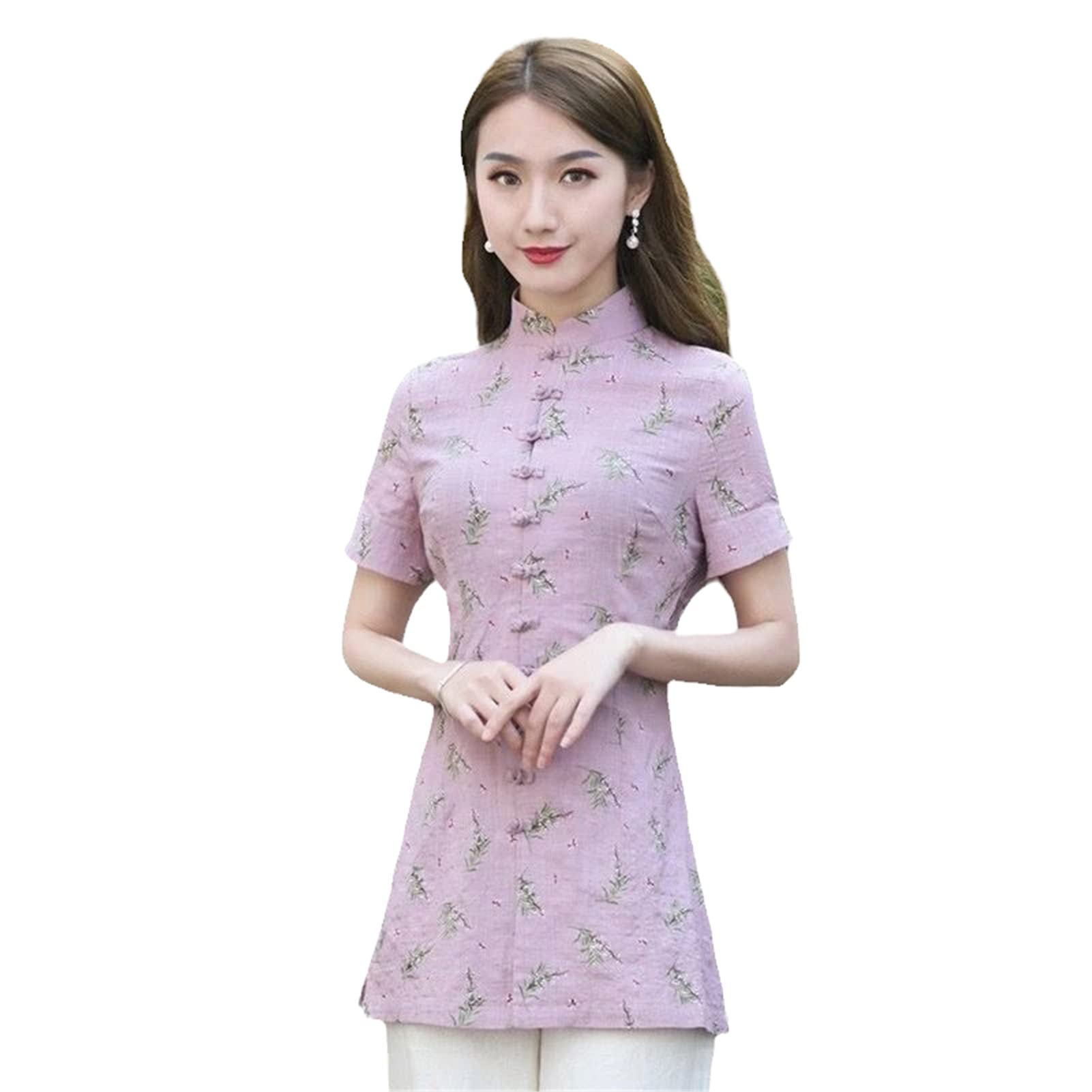 Bawełniany len lato Cheongsam damski długi kostium Tang topy mieszanka nadruków tradycja chiński styl Qipao koszule