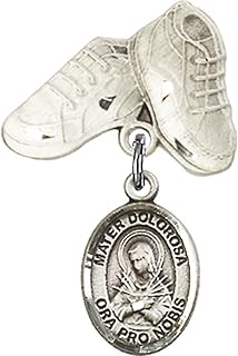 Sterling Silver Baby Badge with Mater Dolorosa Charm and Baby Boots Pin 1 X 5/8 inches