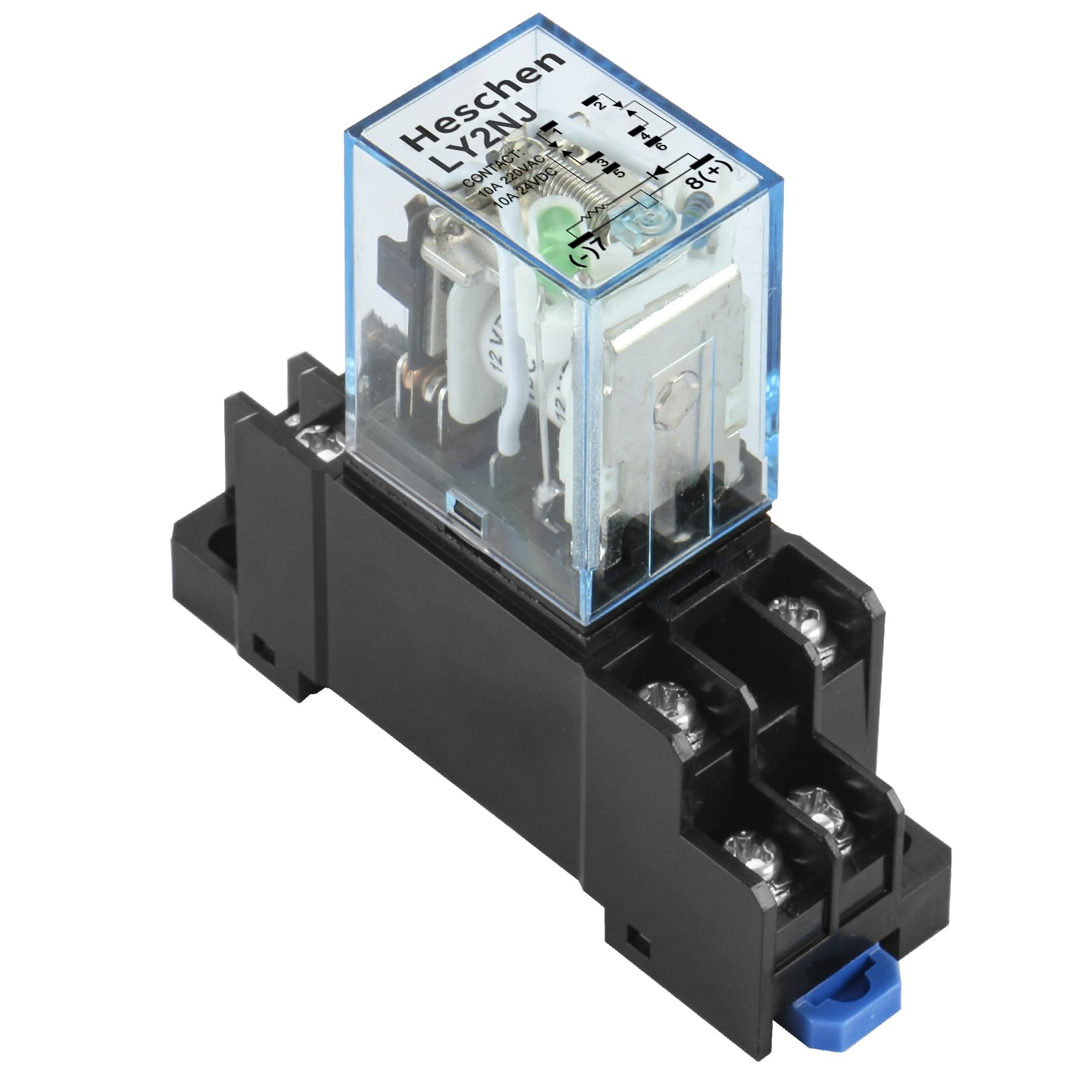 Heschen Relais à usage général, LY2NJ, Bobine 12VDC, 10A 24VDC/220VAC, DPDT, Indicateur LED, avec socle