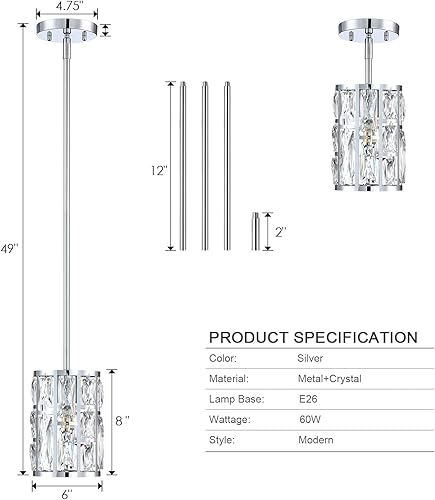 Miniatura 6 de MEXO Lámpara colgante de cristal moderna con acabado cromado, lámpara de cristal para cocina, isla, comedor, sala de estar, pasillo, porche,